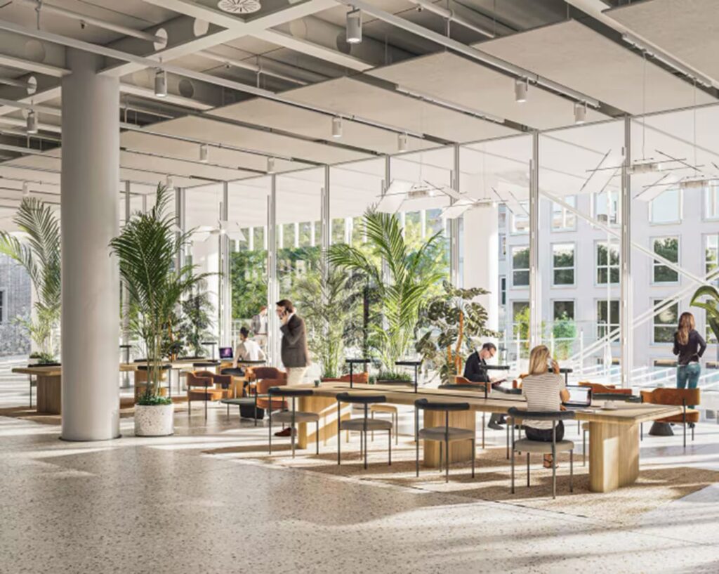 Photo of a bright, modern open-plan office space with large windows, wooden tables, and potted plants